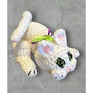 Vintage Handmade Crochet Kitty Cat Kitten White Plush 12”x 7”x 5” Pet Animal EUC
